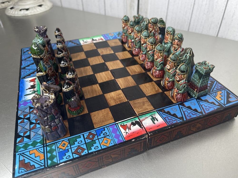VTG Handmade Portable Chess Set Aztec Mayan Incas VS Spanish Conquistadors